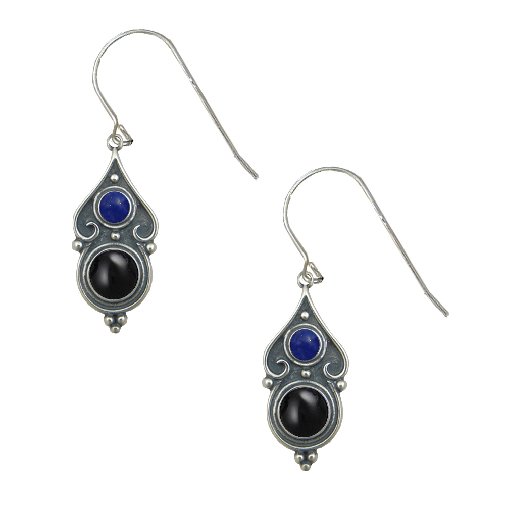 Sterling Silver Designer Post Stud Earrings With Black Onyx And Lapis Lazuli